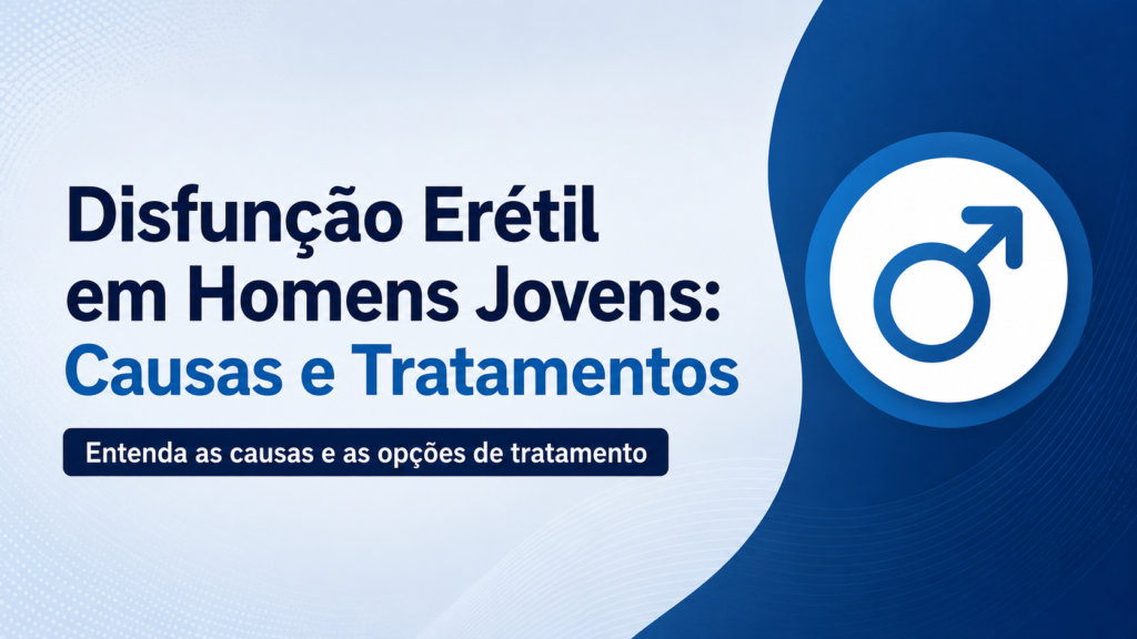 Capa de artigo sobre disfunção erétil em homens jovens, com símbolo masculino em destaque.